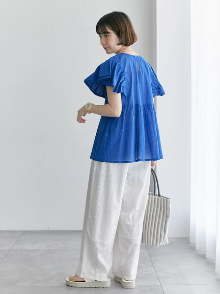 【Made in India】シャーリングブラウス（オフホワイト/ブラック/ブルー）｜Samansa Mos2 blue（サマンサモスモス ブルー）通販