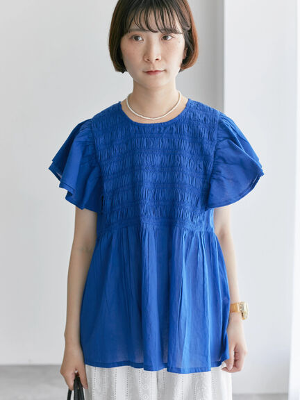 【Made in India】シャーリングブラウス（オフホワイト/ブラック/ブルー）｜Samansa Mos2 blue（サマンサモスモス ブルー）通販