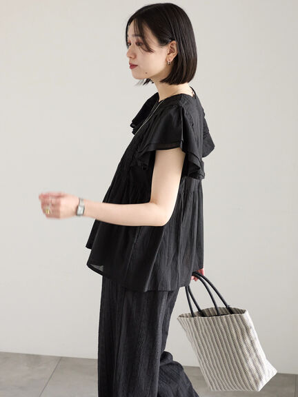 【Made in India】シャーリングブラウス（オフホワイト/ブラック/ブルー）｜Samansa Mos2 blue（サマンサモスモス ブルー）通販