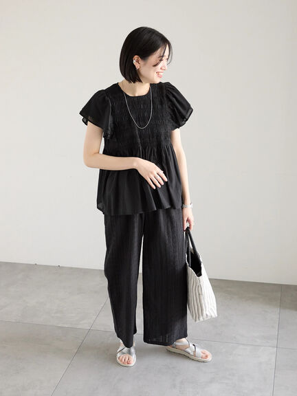 【Made in India】シャーリングブラウス（オフホワイト/ブラック/ブルー）｜Samansa Mos2 blue（サマンサモスモス ブルー）通販