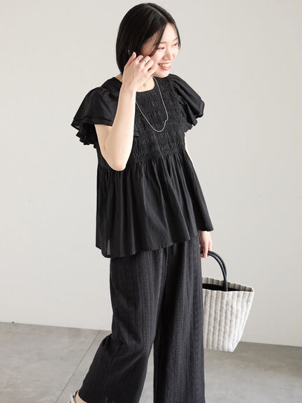 【Made in India】シャーリングブラウス（オフホワイト/ブラック/ブルー）｜Samansa Mos2 blue（サマンサモスモス ブルー）通販