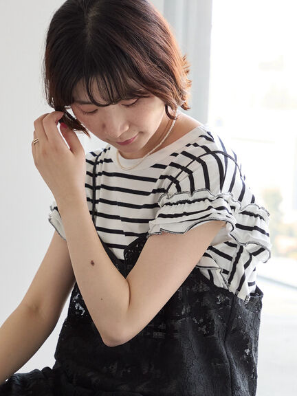 【接触冷感】フリル袖フレンチT（オフホワイト/ホワイト/ブラック/ネイビー/プラム）｜Samansa Mos2 blue（サマンサモスモス ブルー）通販