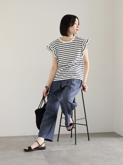 【接触冷感】フリル袖フレンチT（オフホワイト/ホワイト/ブラック/ネイビー/プラム）｜Samansa Mos2 blue（サマンサモスモス ブルー）通販
