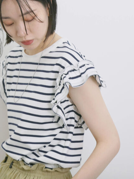 【接触冷感】フリル袖フレンチT（オフホワイト/ホワイト/ブラック/ネイビー/プラム）｜Samansa Mos2 blue（サマンサモスモス ブルー）通販