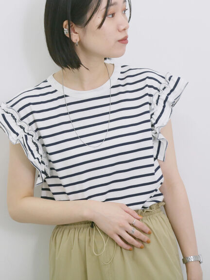 【接触冷感】フリル袖フレンチT（オフホワイト/ホワイト/ブラック/ネイビー/プラム）｜Samansa Mos2 blue（サマンサモスモス ブルー）通販