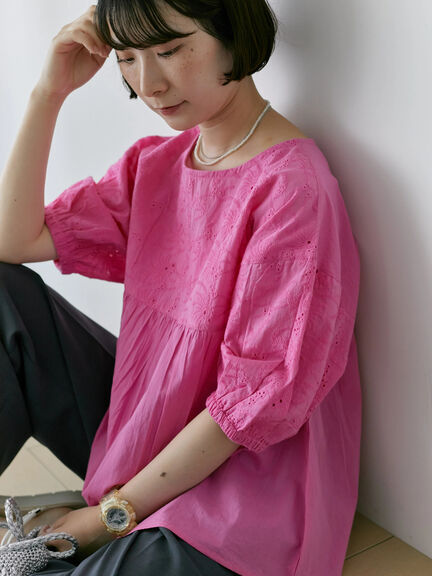 【Made in India】シフリーブラウス（オフホワイト/ブラック/ピンク）｜Samansa Mos2 blue（サマンサモスモス ブルー）通販