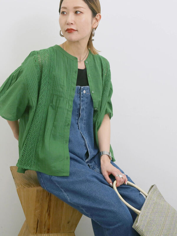 セール】 【Made in India】ピンタックレース前開きブラウス