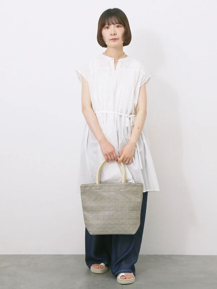 【Made in India】シャーリングノースリーブチュニック（オフホワイト/チャコールグレー/ブルー）｜Samansa Mos2 blue（サマンサモスモス ブルー）通販
