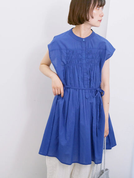 【Made in India】シャーリングノースリーブチュニック（オフホワイト/チャコールグレー/ブルー）｜Samansa Mos2 blue（サマンサモスモス ブルー）通販
