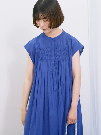 【Made in India】シャーリングノースリーブチュニック（オフホワイト/チャコールグレー/ブルー）｜Samansa Mos2 blue（サマンサモスモス ブルー）通販