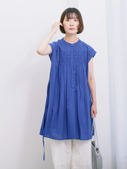 【Made in India】シャーリングノースリーブチュニック（オフホワイト/チャコールグレー/ブルー）｜Samansa Mos2 blue（サマンサモスモス ブルー）通販