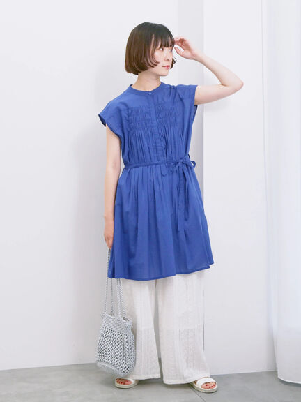 【Made in India】シャーリングノースリーブチュニック（オフホワイト/チャコールグレー/ブルー）｜Samansa Mos2 blue（サマンサモスモス ブルー）通販