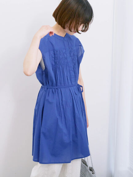 【Made in India】シャーリングノースリーブチュニック（オフホワイト/チャコールグレー/ブルー）｜Samansa Mos2 blue（サマンサモスモス ブルー）通販