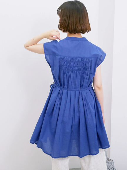 【Made in India】シャーリングノースリーブチュニック（オフホワイト/チャコールグレー/ブルー）｜Samansa Mos2 blue（サマンサモスモス ブルー）通販