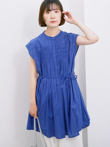【Made in India】シャーリングノースリーブチュニック（オフホワイト/チャコールグレー/ブルー）｜Samansa Mos2 blue（サマンサモスモス ブルー）通販
