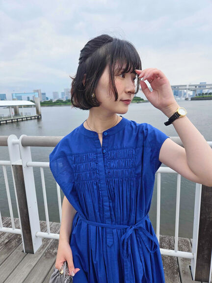 【Made in India】シャーリングノースリーブチュニック（オフホワイト/チャコールグレー/ブルー）｜Samansa Mos2 blue（サマンサモスモス ブルー）通販