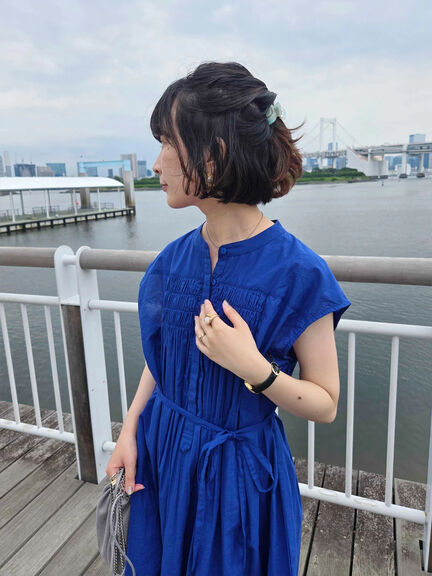【Made in India】シャーリングノースリーブチュニック（オフホワイト/チャコールグレー/ブルー）｜Samansa Mos2 blue（サマンサモスモス ブルー）通販