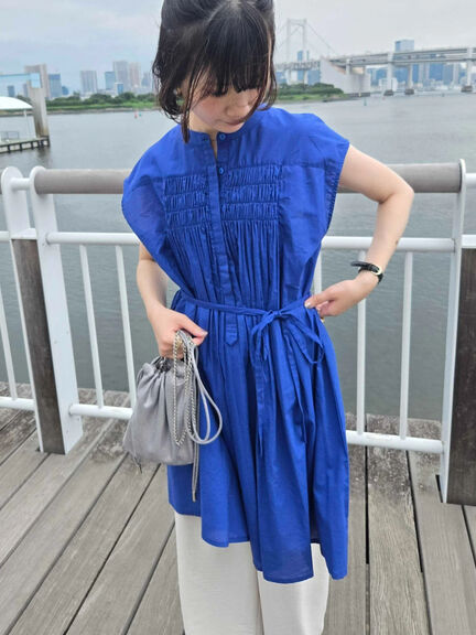 【Made in India】シャーリングノースリーブチュニック（オフホワイト/チャコールグレー/ブルー）｜Samansa Mos2 blue（サマンサモスモス ブルー）通販