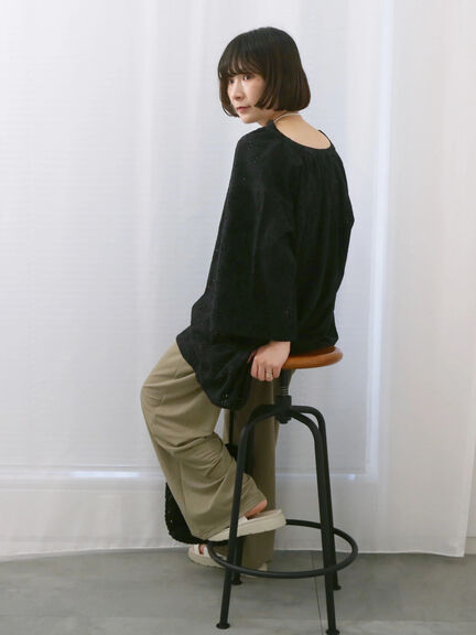 【Made in India】タッセル付ギャザーレースブラウス（オフホワイト/ブラック/パープル）｜Samansa Mos2 blue（サマンサモスモス ブルー）通販