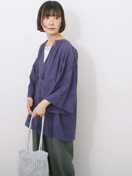 【Made in India】タッセル付ギャザーレースブラウス（オフホワイト/ブラック/パープル）｜Samansa Mos2 blue（サマンサモスモス ブルー）通販