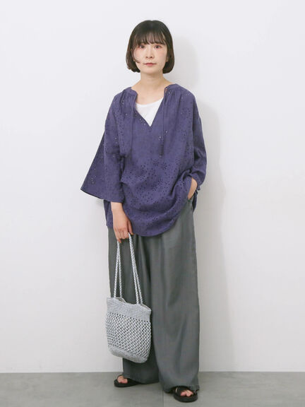 【Made in India】タッセル付ギャザーレースブラウス（オフホワイト/ブラック/パープル）｜Samansa Mos2 blue（サマンサモスモス ブルー）通販