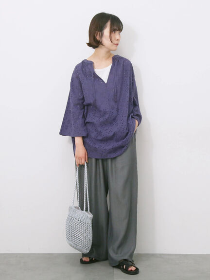 【Made in India】タッセル付ギャザーレースブラウス（オフホワイト/ブラック/パープル）｜Samansa Mos2 blue（サマンサモスモス ブルー）通販