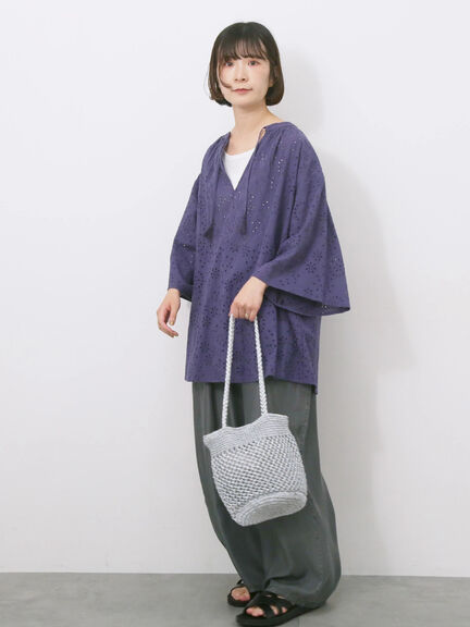 【Made in India】タッセル付ギャザーレースブラウス（オフホワイト/ブラック/パープル）｜Samansa Mos2 blue（サマンサモスモス ブルー）通販