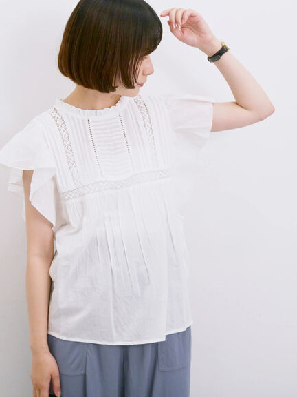 【Made in India】フリル袖レースピンタックブラウス（オフホワイト/ブラック/レッド）｜Samansa Mos2 blue（サマンサモスモス ブルー）通販