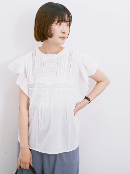 【Made in India】フリル袖レースピンタックブラウス（オフホワイト/ブラック/レッド）｜Samansa Mos2 blue（サマンサモスモス ブルー）通販