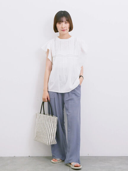 【Made in India】フリル袖レースピンタックブラウス（オフホワイト/ブラック/レッド）｜Samansa Mos2 blue（サマンサモスモス ブルー）通販