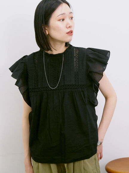 【Made in India】フリル袖レースピンタックブラウス（オフホワイト/ブラック/レッド）｜Samansa Mos2 blue（サマンサモスモス ブルー）通販