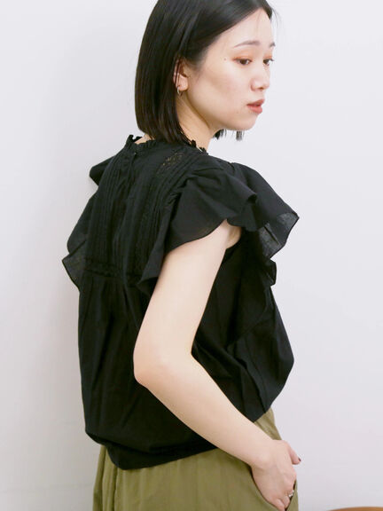 【Made in India】フリル袖レースピンタックブラウス（オフホワイト/ブラック/レッド）｜Samansa Mos2 blue（サマンサモスモス ブルー）通販