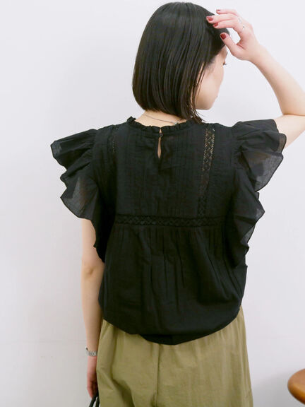 【Made in India】フリル袖レースピンタックブラウス（オフホワイト/ブラック/レッド）｜Samansa Mos2 blue（サマンサモスモス ブルー）通販