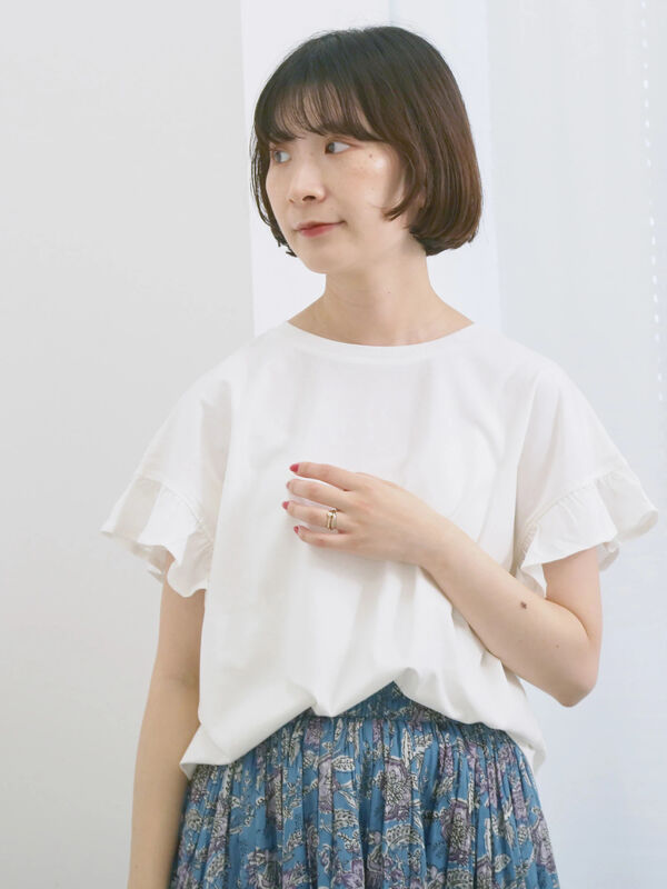 ネイビー レースフリル Tシャツ セール】メロウレースアップトップス（Tシャツ/カットソー