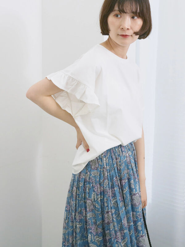 セール】 【USAコットン】フリルTシャツ（オフホワイト/ブラック