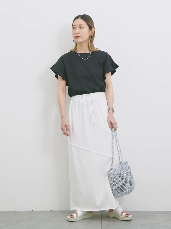 セール】 【USAコットン】フリルTシャツ（オフホワイト/ブラック