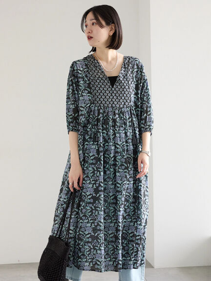 【Made in India】花柄ワンピース（チャコールグレー/ブルー/キナリ）｜Samansa Mos2 blue（サマンサモスモス ブルー）通販