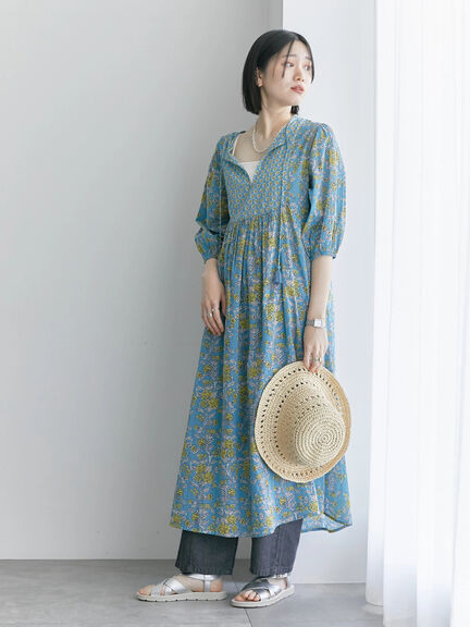 【Made in India】花柄ワンピース（チャコールグレー/ブルー/キナリ）｜Samansa Mos2 blue（サマンサモスモス ブルー）通販