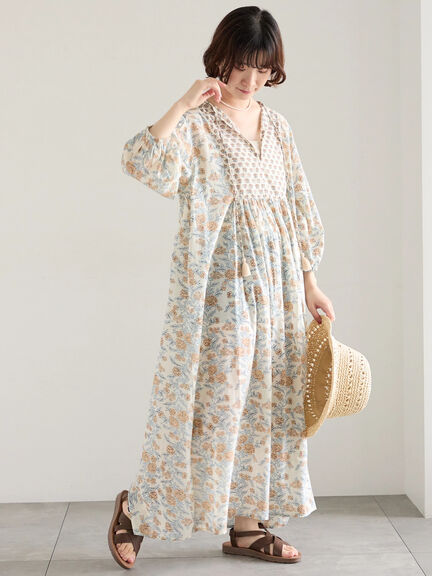 【Made in India】花柄ワンピース（チャコールグレー/ブルー/キナリ）｜Samansa Mos2 blue（サマンサモスモス ブルー）通販
