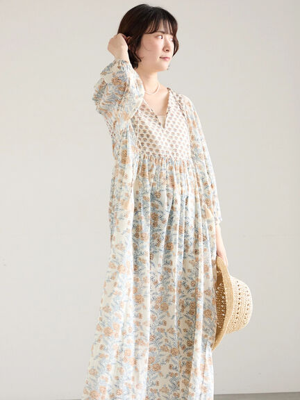 【Made in India】花柄ワンピース（チャコールグレー/ブルー/キナリ）｜Samansa Mos2 blue（サマンサモスモス ブルー）通販