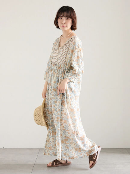 【Made in India】花柄ワンピース（チャコールグレー/ブルー/キナリ）｜Samansa Mos2 blue（サマンサモスモス ブルー）通販