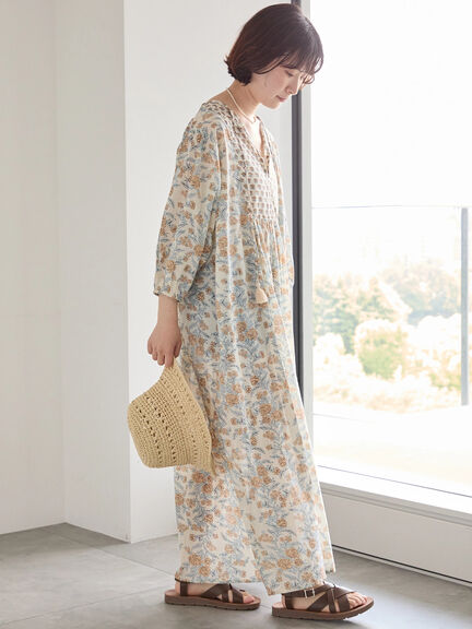 【Made in India】花柄ワンピース（チャコールグレー/ブルー/キナリ）｜Samansa Mos2 blue（サマンサモスモス ブルー）通販