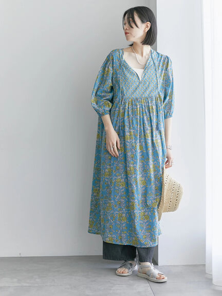 【Made in India】花柄ワンピース（チャコールグレー/ブルー/キナリ）｜Samansa Mos2 blue（サマンサモスモス ブルー）通販