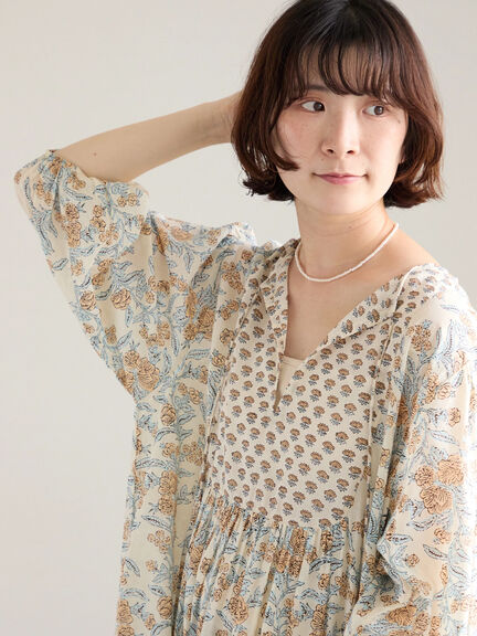【Made in India】花柄ワンピース（チャコールグレー/ブルー/キナリ）｜Samansa Mos2 blue（サマンサモスモス ブルー）通販