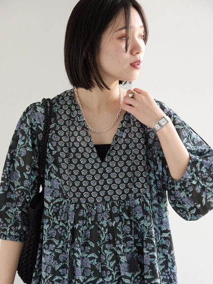 【Made in India】花柄ワンピース（チャコールグレー/ブルー/キナリ）｜Samansa Mos2 blue（サマンサモスモス ブルー）通販
