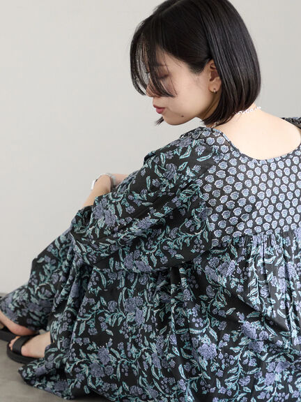 【Made in India】花柄ワンピース（チャコールグレー/ブルー/キナリ）｜Samansa Mos2 blue（サマンサモスモス ブルー）通販