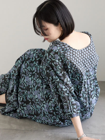 【Made in India】花柄ワンピース（チャコールグレー/ブルー/キナリ）｜Samansa Mos2 blue（サマンサモスモス ブルー）通販