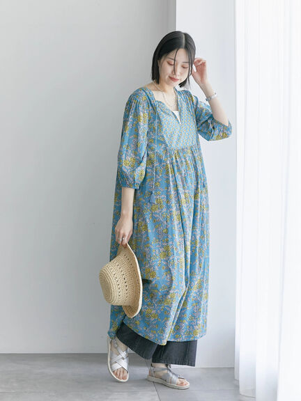 【Made in India】花柄ワンピース（チャコールグレー/ブルー/キナリ）｜Samansa Mos2 blue（サマンサモスモス ブルー）通販