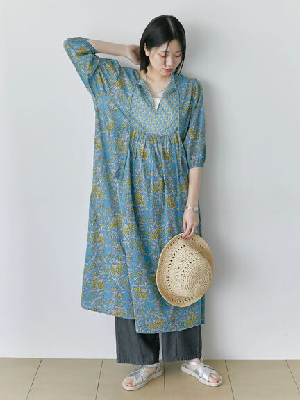 【Made in India】花柄ワンピース（チャコールグレー/ブルー/キナリ）｜Samansa Mos2 blue（サマンサモスモス ブルー）通販