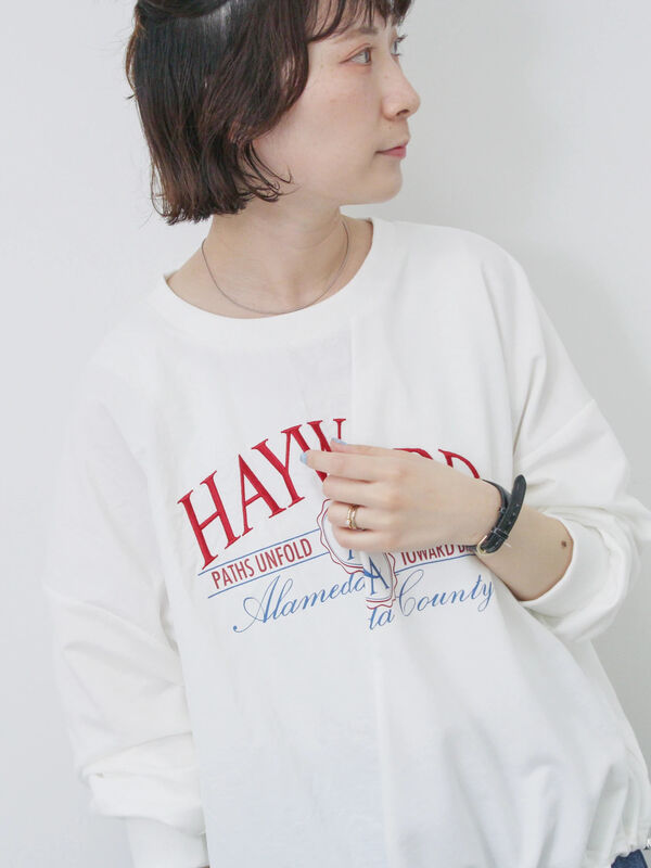 セール】 異素材切替リメイク風プルオーバー（オフホワイト